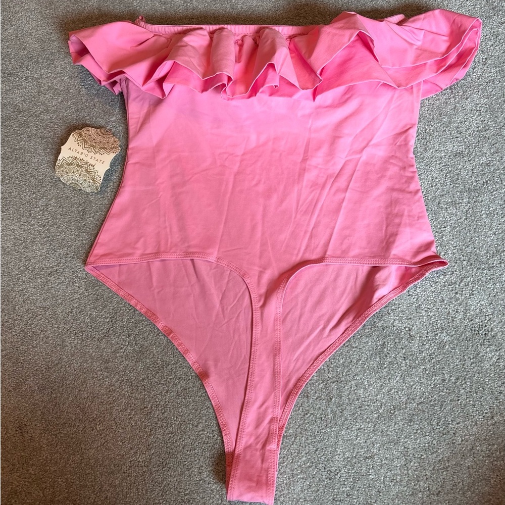 Altar'd State Pink Off-Shoulder Ruffled Bodysuit - Picture 2 of 4